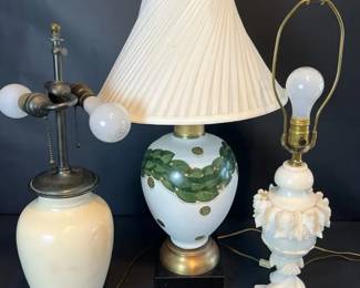 Vintage Lamp Trio Ceramic, Porcelain  Alabaster Decorative Table Lamps