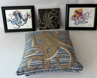 Octopus Coastal Dcor Lot  Framed Art Prints, Metal Wall Plaque  Embroidered Pillow