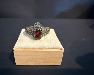 Vintage Sterling Silver Garnet Marcasite Ring