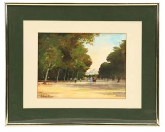 Anthony Grigas Gouache Painting of Figures Walking in Park, Late 20th–21st C.