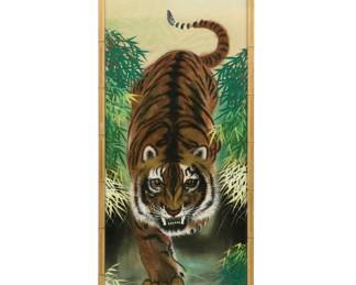 Southeast Asian School Gouache Painting on Silk of Tiger in Bamboo