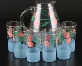 Federal Glass Co. Tulip Decorated Glass Pitcher and Tumblers, 20th C