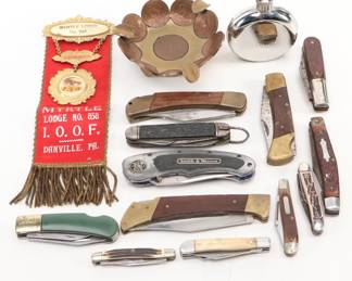 Collection of Folding Knives with IOOF Lodge Ribbon Pin and Mexican Coin Ashtray
