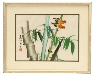 Chinese Gouache on Silk Painting of Perching Birds, 20th Century