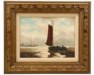 Maritime Impasto Oil Painting of Boat with Red Sail