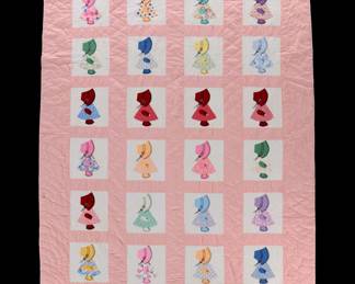 Handcrafted Pink Border "Sunbonnet Sue" Applique Quilt