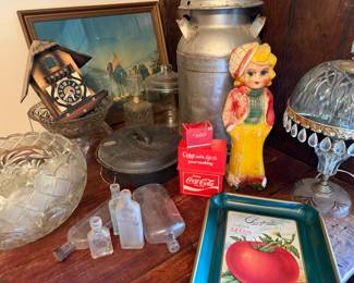 Several pieces of chalk ware, old bottles
