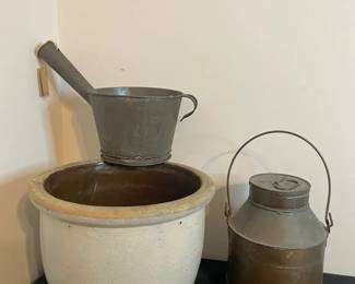 Vintage Milkcan, Tin Strainer A Ceramic Pot