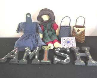 Handmade Amish Folk Art Display Dolls,letters,baskets 