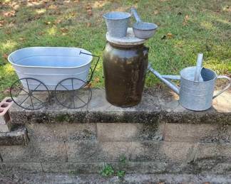 Set Of Vintage Garden Decor Milk Can, Water Can, Tub Stand