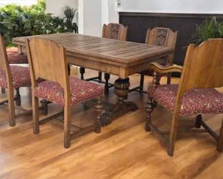 Vintage Wood Trestle Table W Leaf 6 Chairs