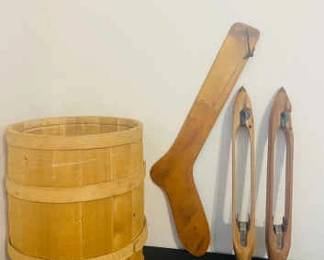 Vintage Textile Shuttles, A Stocking Form A Maine Wooden Checkerboard Bucket 