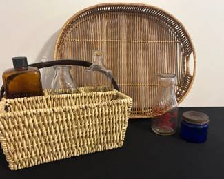 2 Baskets 5 Vintage Bottles