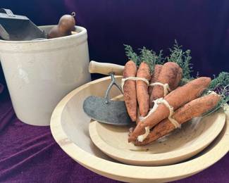 Primitive Country style Decorations With Crock And Wooden Bowls