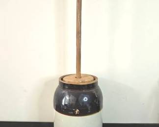Antique Brown And White Butter Churn