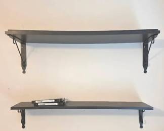 Set Of Black Wood Shelves With Ornate Metal Brackets 