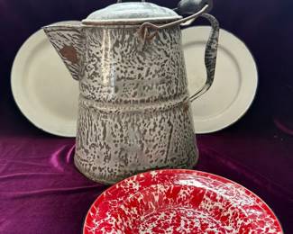 Enamelware Coffee Pot And Three Enamelware Dishes