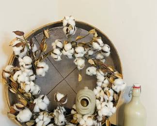 Primitive Wooden Sieve With Cotton Ball Wreath Plus Pottery Items 