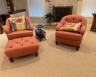 Upholstered chairs, ottoman, decor