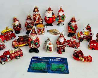 Variety of fireman themed Christmas ornaments
