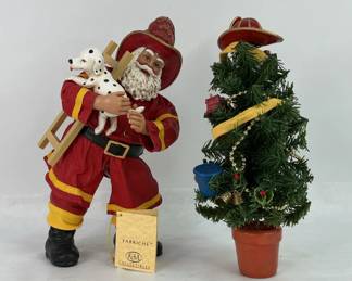 Christmas Firefighter Santa with puppy and tree