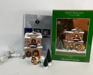 Christmas village house with trees and figurines