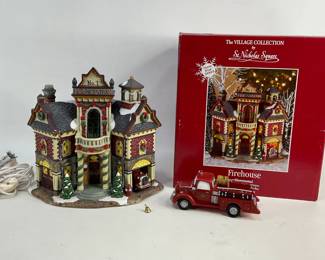 Christmas village house with truck figurine