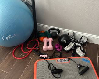 Exercise equipment, including a vibrating board, weights, waited vest and resistance bands.