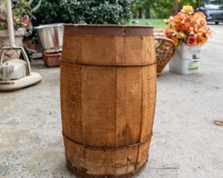Vintage Wooden primitive wire-banded nail keg barrel.  
