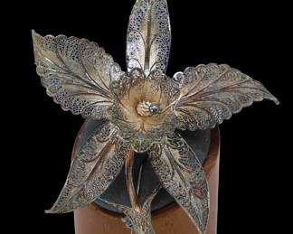 Sterling Orchid Filigree Brooch