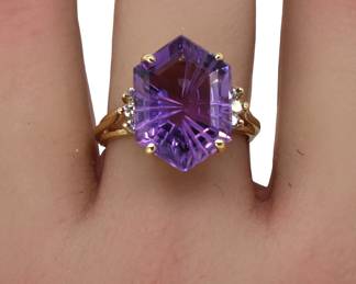 Vintage 14k Yellow Gold With Diamonds And Large Amethyst