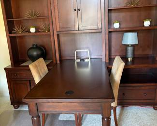 Home office desk and bookcases