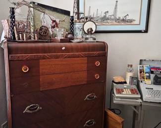 Antique Chest, Oil Lamps, Art