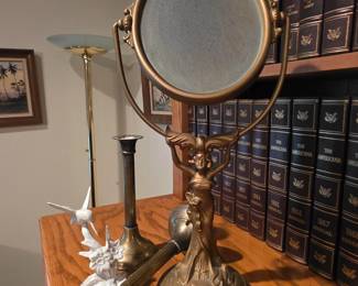 Vintage Mirror, Brass Candlestick, Figurine