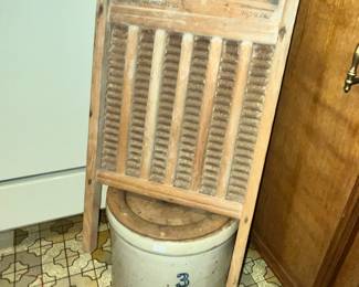 ANTIQUE 3 GALLON CROCK & WASH BOARD