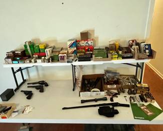 LOTS OF AMMO OF ALL KINDS, PISTOLS & GUN PARTS