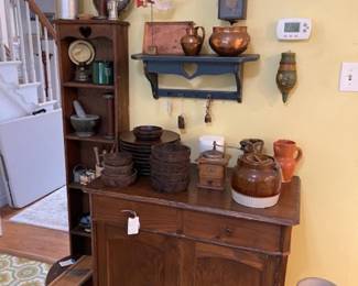 Great cabinet (needs a little love), primitives, crocks, copper, another heart shelf, more