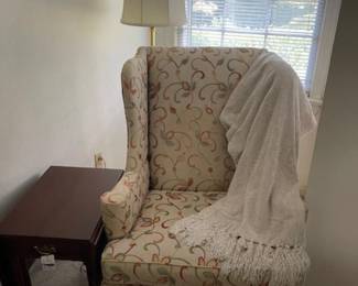 Pretty wingback chair, side table and brass floor lamp