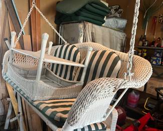 White wicker porch swing & table