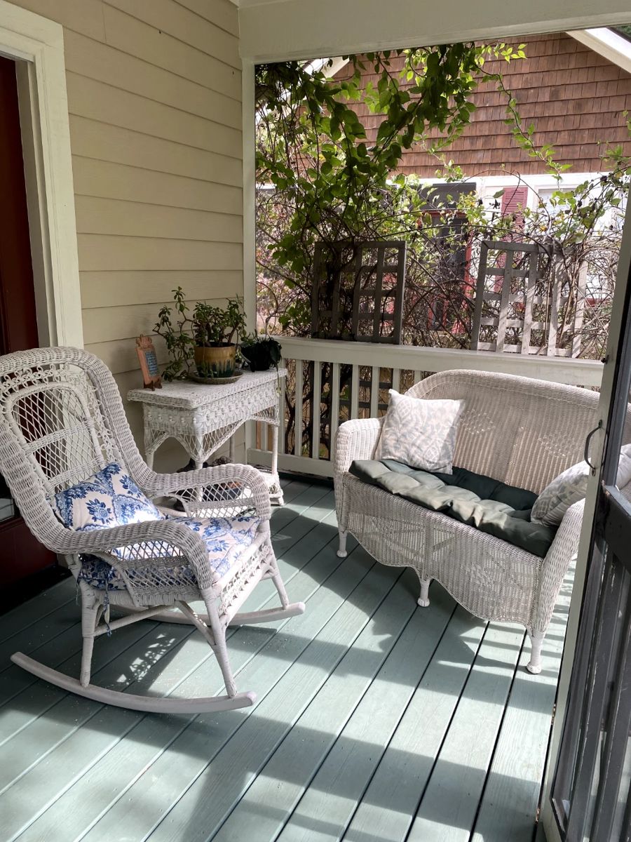 White Wicker Rocking Chair, Settee and Side Table