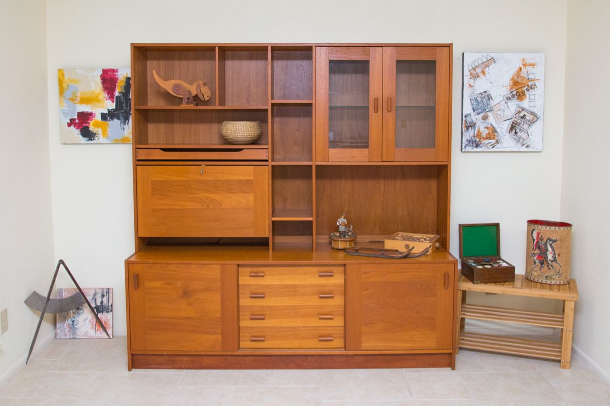 MCM Domino Mobler Scandinavian Teak wall unit (72"h x 71 3/4"w x 19 1/4"d): $2,600.00.