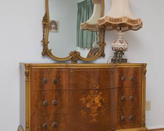 Drexel ~ French provincial Flame Mahogany 3 drawer dresser w/ornate mirror:  $800.00