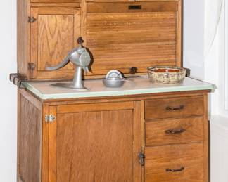1920's Antique oak Hoosier cabinet with sugar and flour sifter, pie and bread bin (70"h x 20"w x 25"d):  $800.00