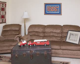Three cushion Retro sofa:  $75.00.  Matching recliner:  $30.00.  Charleston and Savannah Rail Road $500 Bond:  $100.00.  Vtg. metal Tonka trucks:  $18.00 and $40.00