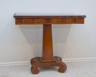 Vtg. Mahogany foldable game table w/scallop edge.  Spectacular pedestal. (27"h x 33"w x 16"d):  $240.00 