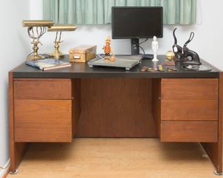 MCM 5 drawer wood desk with black top (30"h x 60"w x 30"d):  $126.00