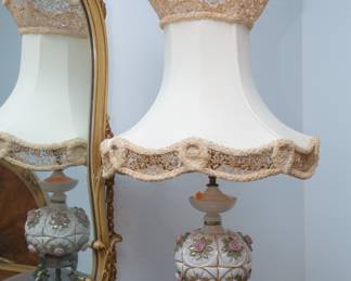 Vtg. Capodimonte rose porcelain Boudoir lamps with lace shades:  $160.00 pair