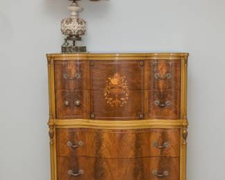 Drexel - French Provincial Flame Mahogany 5 drawer 'Tall Boy' w/original brass pulls (50"h x 36.5"w x 20.5"d):  $680.00