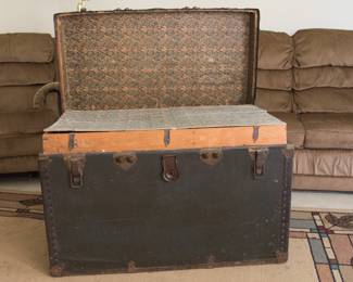 Antique Flat Top Travel Trunk w/paper lining (23"h x 36"w x 20.5"d):  $160.00