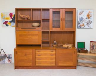 MCM Domino Mobler Scandinavian Teak wall unit (72"h x 71 3/4"w x 19 1/4"d):  $2,600.00.